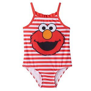 Baby Girl Elmo Ruffle Striped One-Piece Swimsuit