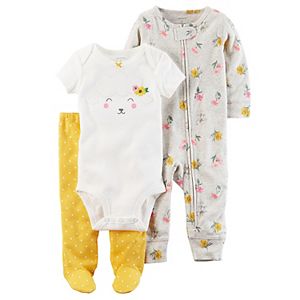 Baby Girl Carter's Floral Coverall, Lamb Bodysuit & Polka-Dot Pants Set