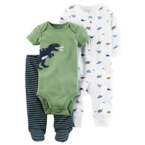 Baby Boy Carter's Dino Bodysuit, Printed Coverall & Striped Pants Set