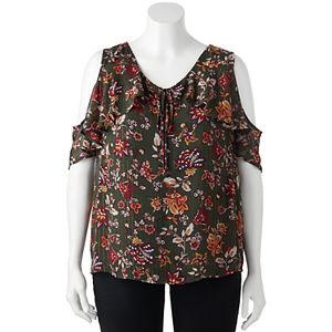 Juniors' Plus Size IZ Byer Floral Cold Shoulder Top