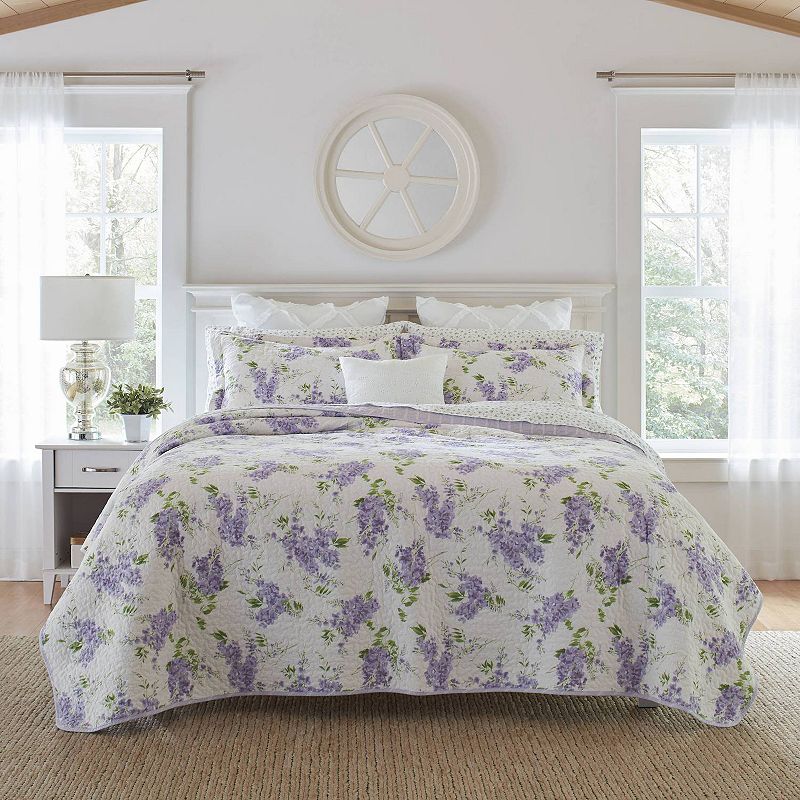 Laura Ashley King Keighley Reversible Quilt Set Purple: Floral Bedding with Shams, Machine Washable