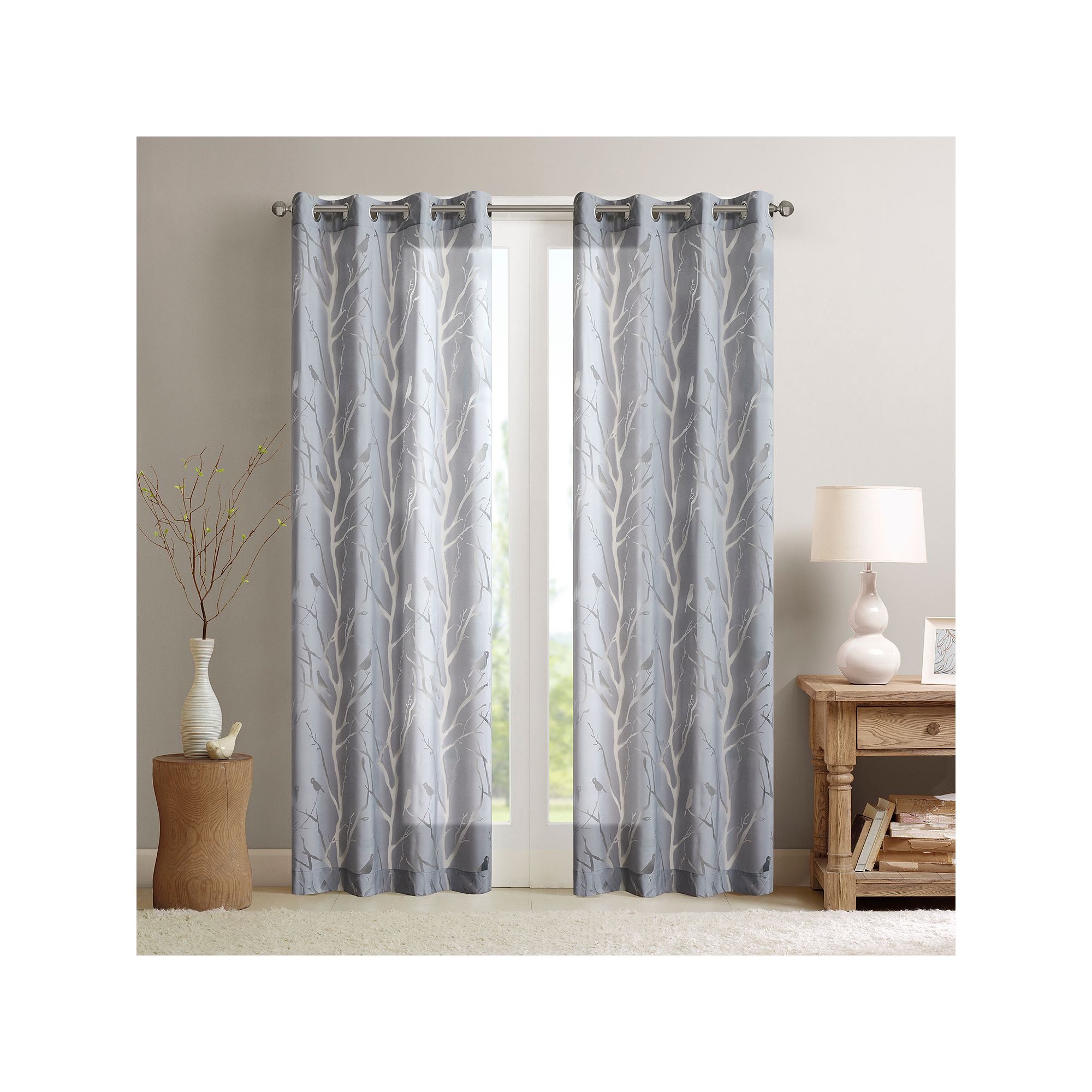 Madison Park 1-Panel Vina Sheer Bird Window Curtain, Gray