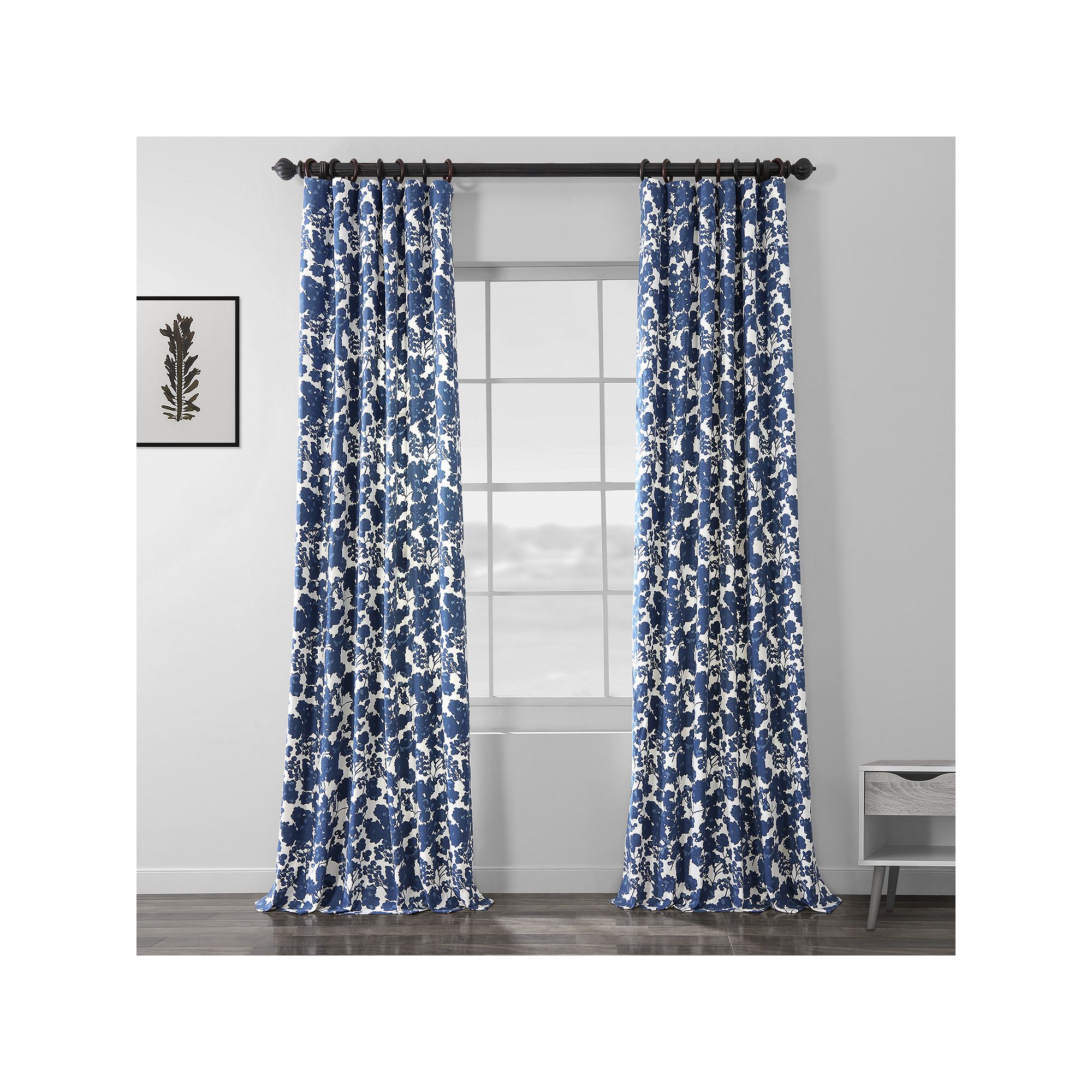 EFF Floral Print Cotton Twill Room Darkening Curtain Panel, Blue
