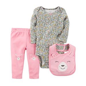 Baby Girl Carter's Floral Bodysuit, Bear Pants & Bib Set