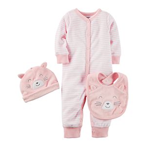Baby Girl Carter's Striped Coverall, Cat Hat & Bib Set