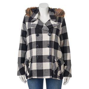 Juniors' Plus Size Urban Republic Wool Blend Buffalo Check Peacoat