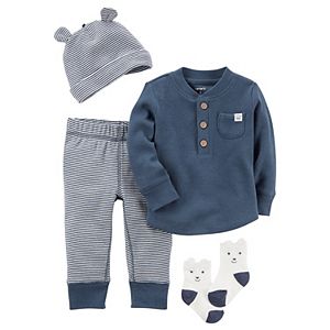 Baby Boy Carter's Thermal Henley, Striped Pants, Hat & Socks Set