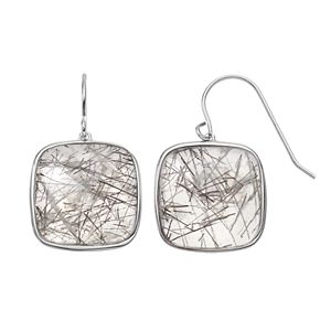Sterling Silver Black Rutilated Quartz Square Drop Earrings