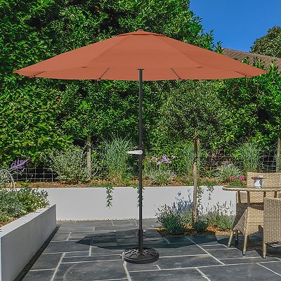 9 ft patio umbrella coral JONATHAN Y Terrace ft. Scalloped Half Umbrella, Pink/Brown and an auto Tracy Classic MidCentury Scalloped Fringe