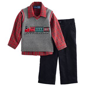 Baby Boy Great Guy Embroidered Train Vest, Plaid Shirt & Corduroy Pants Set