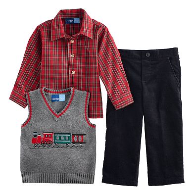 Baby Boy Great Guy Embroidered Train Vest, Plaid Shirt & Corduroy Pants Set