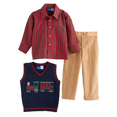 Toddler Boy Great Guy Embroidered Train Navy  Vest, Plaid Shirt & Corduroy Pants Set