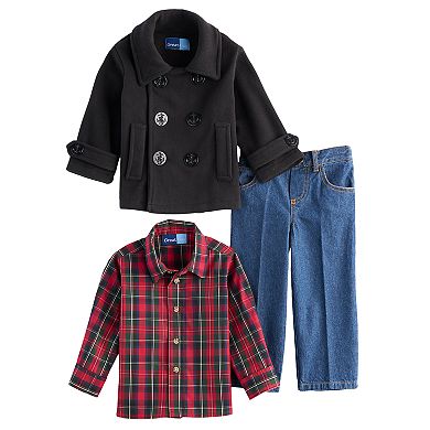 Toddler Boy Great Guy Peacoat, Plaid Shirt & Jeans Set