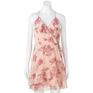 Juniors' Almost Famous Ruffle Floral Faux-Wrap Dress