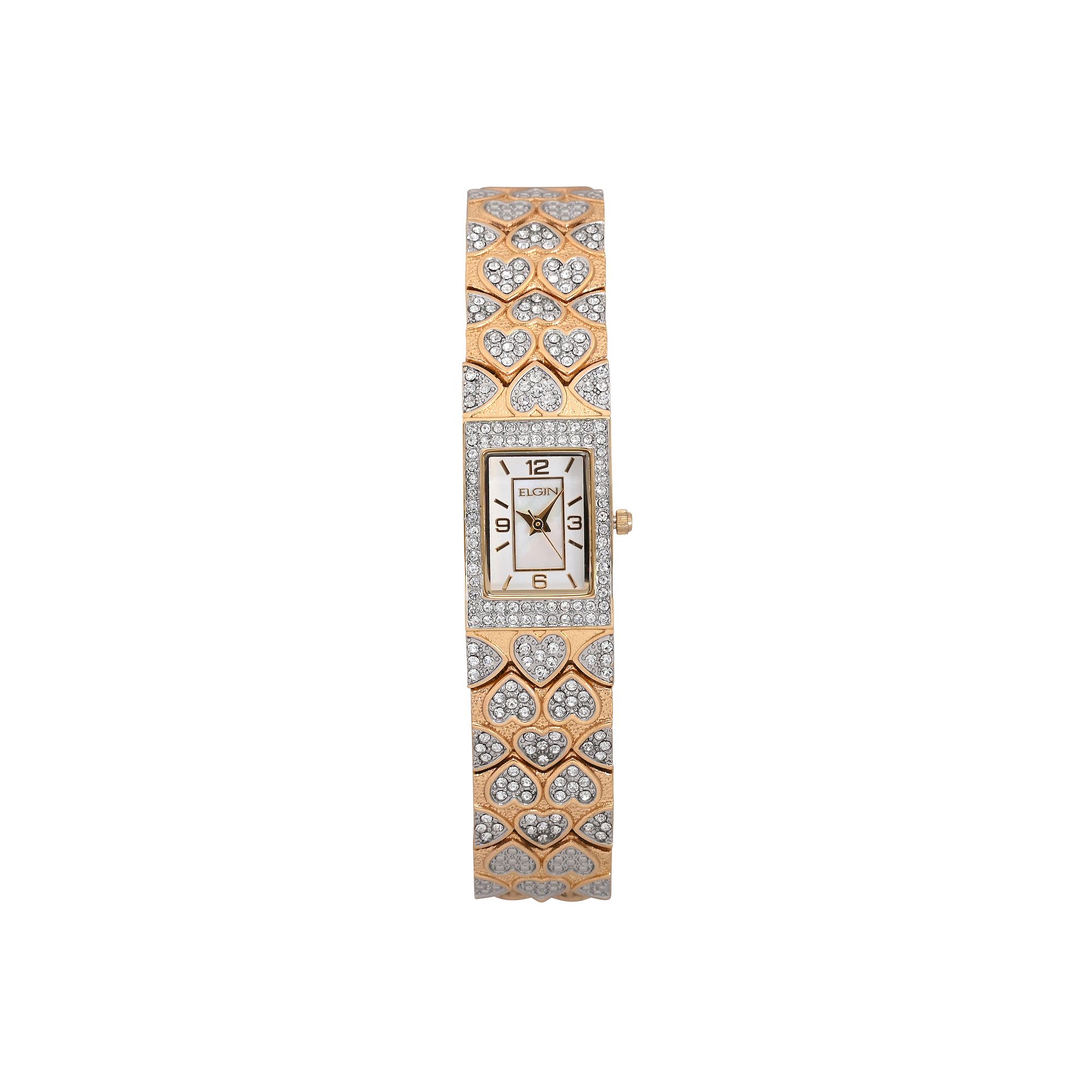 Elgin Womens Cubic Zirconia Heart Watch, Gold Tone