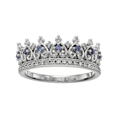 Sterling Silver Lab-Created Blue & White Sapphire Crown Ring