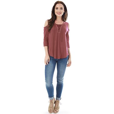 Juniors' IZ Byer Lace-Up Cold Shoulder Top