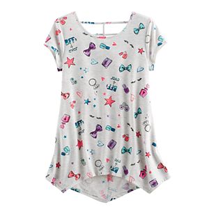 Girls 7-16 & Plus Size SO® Patterned Cageback Handkerchief Hem Legging Tee
