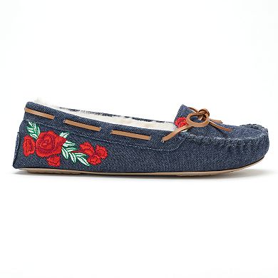 SO® Women's Embroidered Rose Denim Moccasin Slippers