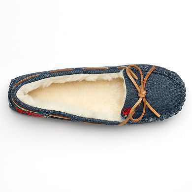 SO® Women's Embroidered Rose Denim Moccasin Slippers