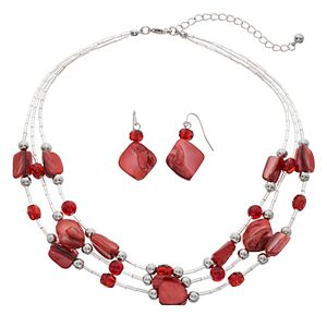 Red Marbled Bead Multi Strand Necklace & Drop Earring Set
