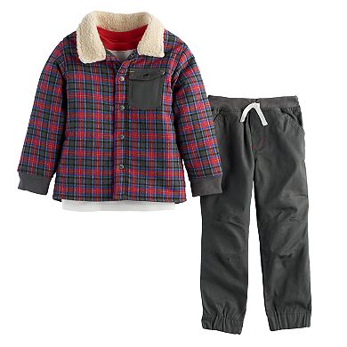 Toddler Boy Nannette 3-pc. Plaid Jacket, "Campers" Raglan Tee & Pants Set