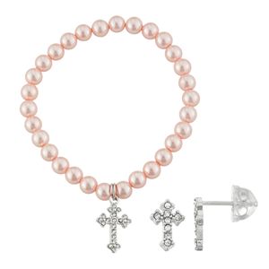 Lulabelle Kids' Shell Pearl & Crystal Cross Stretch Bracelet & Stud Earring Set