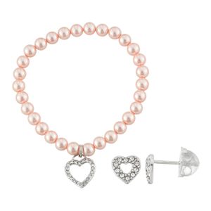 Lulabelle Kids' Shell Pearl & Crystal Heart Stretch Bracelet & Stud Earring Set