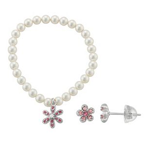 Lulabelle Kids' Shell Pearl & Crystal Flower Stretch Bracelet & Stud Earring Set
