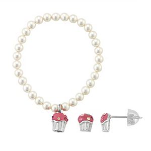 Lulabelle Kids' Shell Pearl & Crystal Cupcake Stretch Bracelet & Stud Earring Set