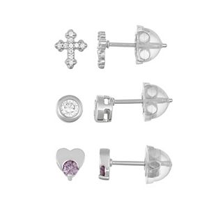 Lulabelle Kids' Sterling Silver Cubic Zirconia Cross & Heart Stud Earring Set