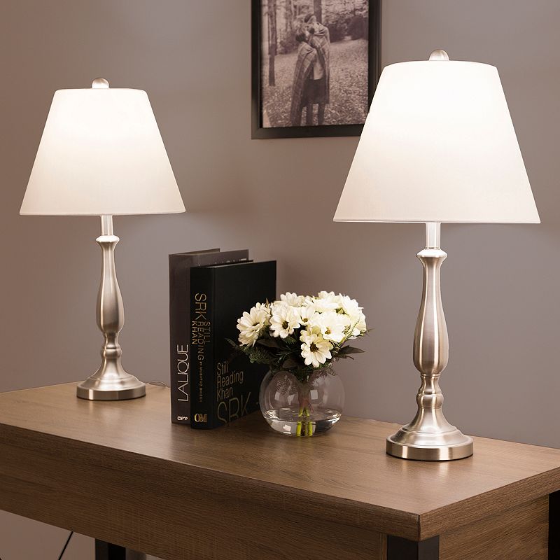 Lavish Home Brushed Steel Table Lamps - Set of 2 Traditional Accent Lights with LED Bulbs