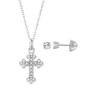 Lulabelle Kids' Sterling Silver Crystal Cross Pendant & Stud Earring Set