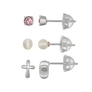 Lulabelle Kids' Sterling Silver Freshwater Cultured Pearl & Crystal Stud Earring Set