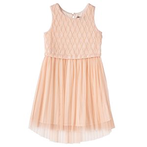 Girls 7-16 Three Pink Hearts Textured Bodice Pleated Tulle Dress