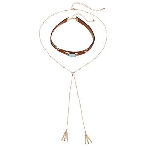Aqua Stone Faux Leather Choker & Bolo Necklace Set