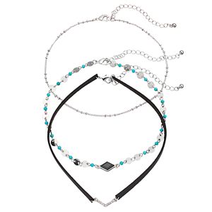 Simulated Crystal Chevron & Simulated Turquoise Beaded Choker Necklace Set