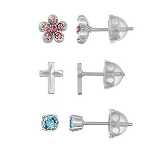 Lulabelle Kids' Sterling Silver Crystal Cross & Flower Stud Earring Set