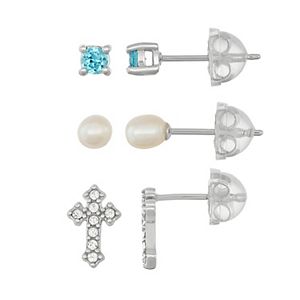 Lulabelle Kids' Cubic Zirconia, Crystal Cross & Freshwater Cultured Pearl Stud Earring Set