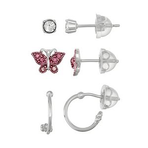 Lulabelle Kids' Sterling Silver Crystal Butterfly Stud & Hoop Earring Set