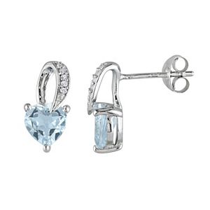 Sterling Silver Aquamarine & Diamond Accent Heart Stud Earrings