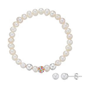 Charming Girl Kids' Simulated Pearl & Crystal Stretch Bracelet & Stud Earring Set