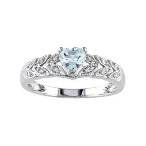 Sterling Silver Aquamarine & Diamond Accent Heart & Leaf Ring
