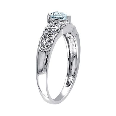Stella Grace Sterling Silver Aquamarine & Diamond Accent Heart & Leaf Ring