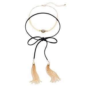 Simulated Drusy Choker & Black Tassel Lariat Necklace Set