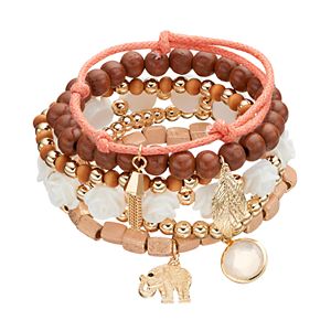 Elephant & Leaf Charm Wooden Bead Stretch Bracelet Set