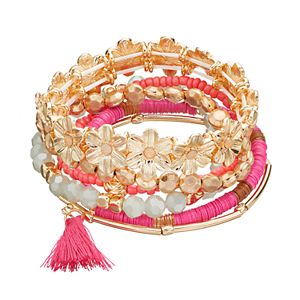 Pink Flower, Tassel & Disc Bead Stretch Bracelet Set
