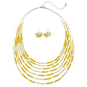 Yellow Beaded Multi Strand Necklace & Drop Earring Set