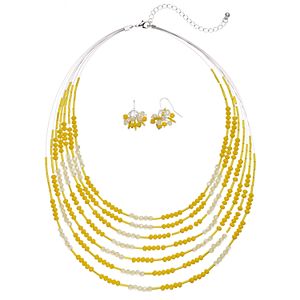 Yellow Beaded Multi Strand Necklace & Drop Earring Set