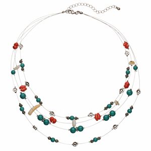 Flower & Simulated Turquoise Multi Strand Station Necklace
